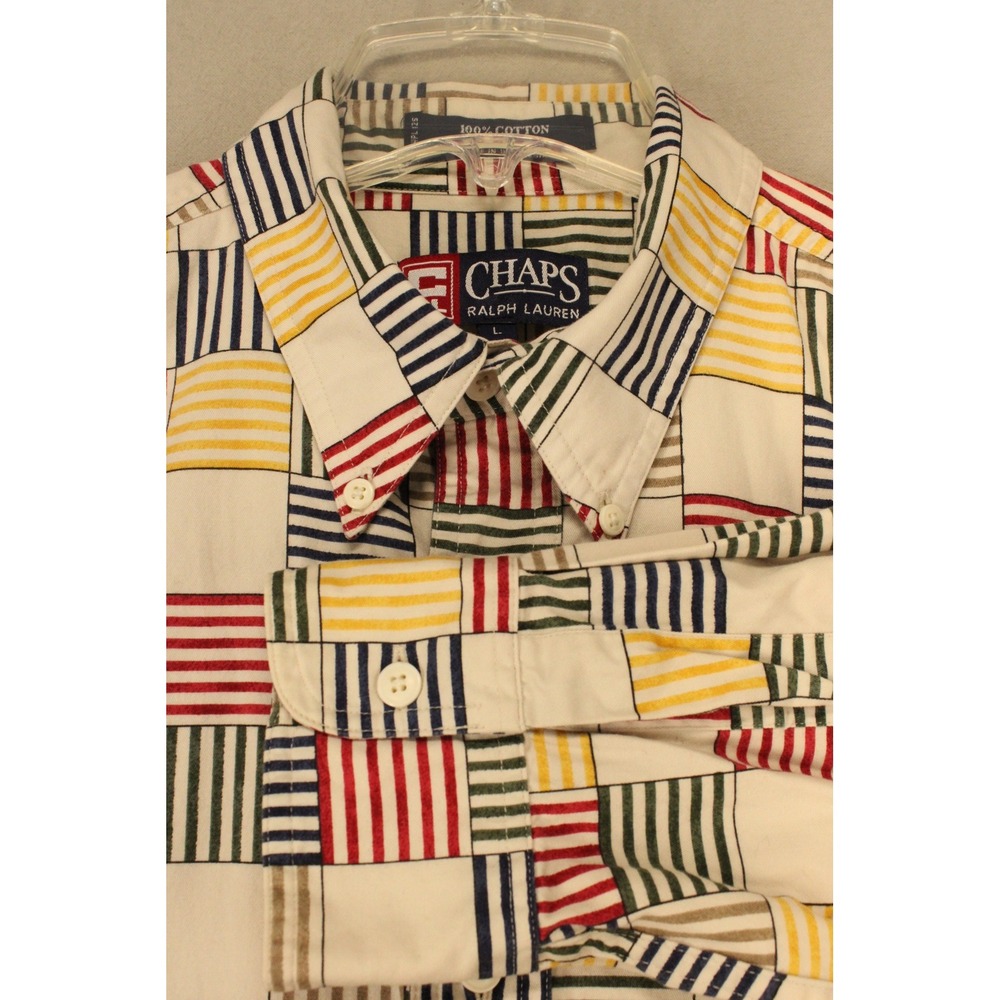 Chaps Ralph Lauren Button Down Mens L White Multi Patchwork Striped Vintage